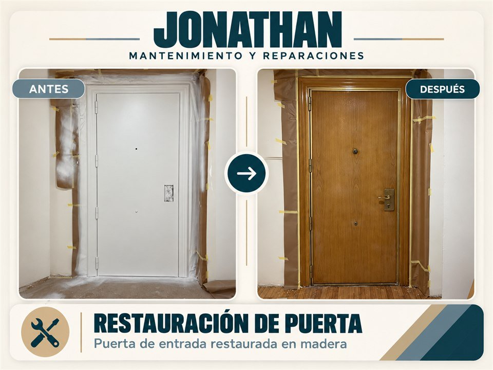 Restauración de puerta de madera. Comparativa antes y después.