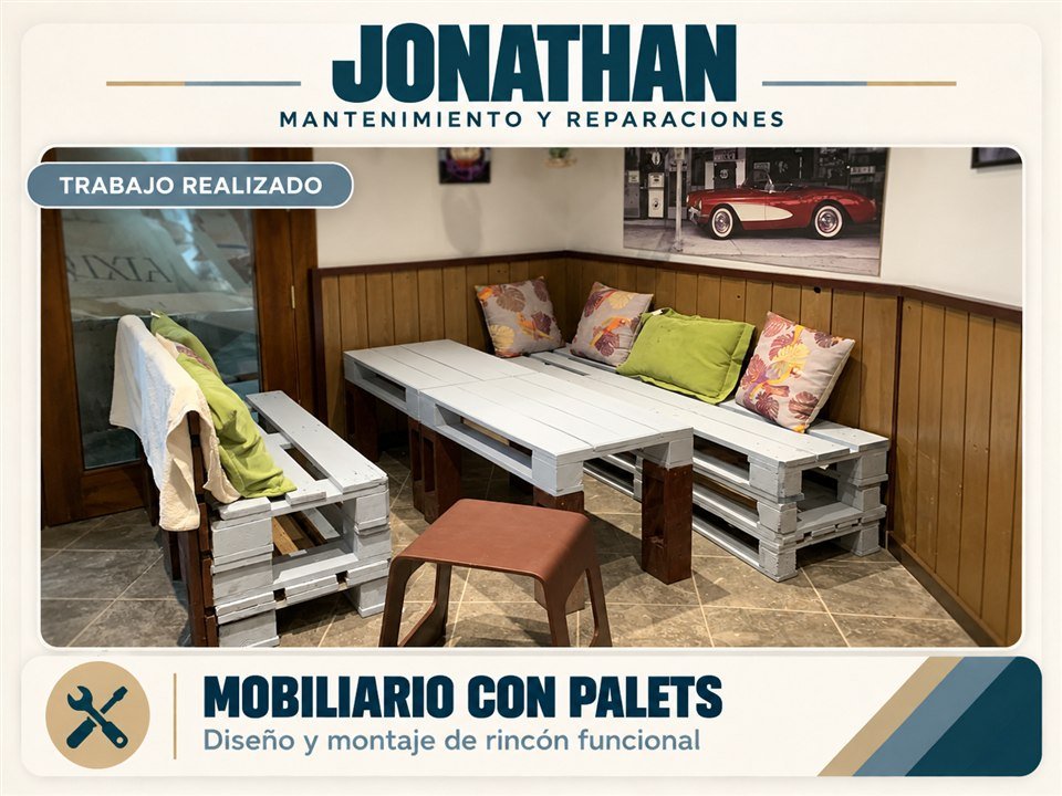 Mobiliario con palets. Conjunto de mobiliario con palets en interior.